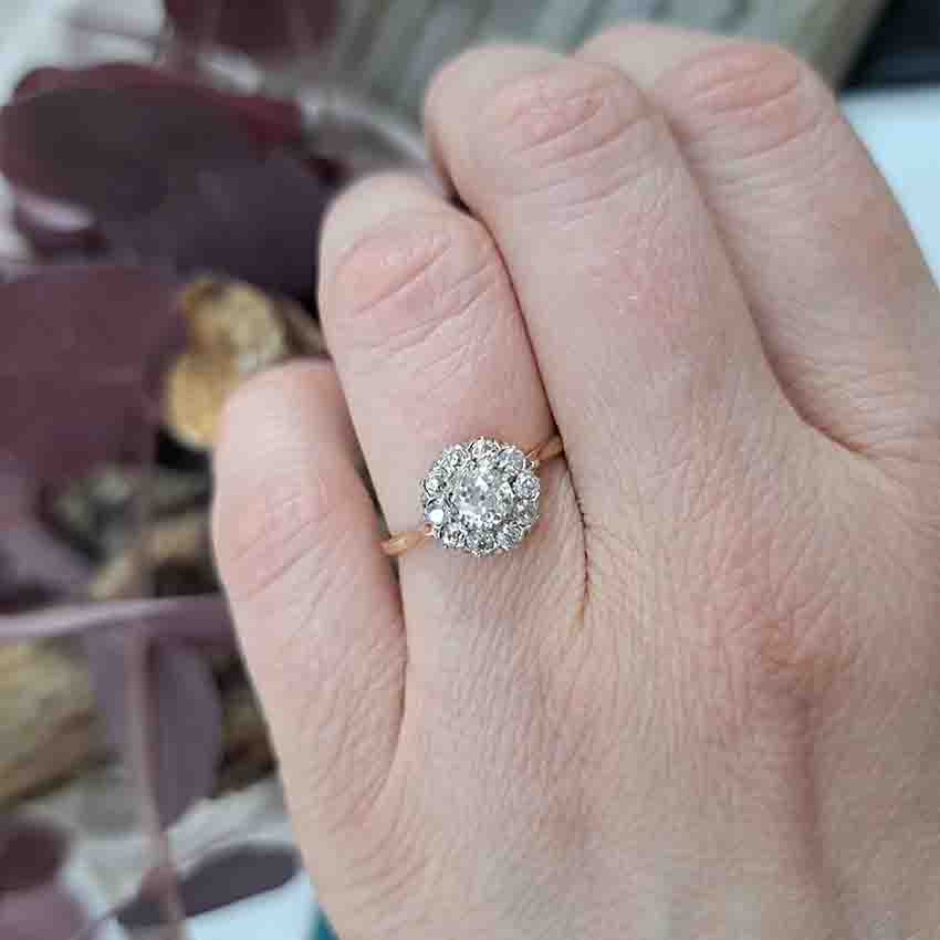 Edwardian Antique 1.1ct Old Cut Diamond Cluster Engagement Ring