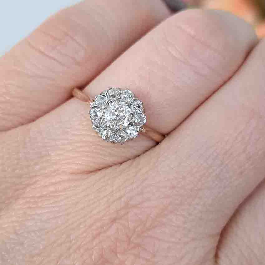 Edwardian Antique 1.1ct Old Cut Diamond Cluster Engagement Ring