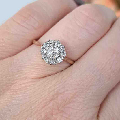 Edwardian Antique 1.1ct Old Cut Diamond Cluster Engagement Ring