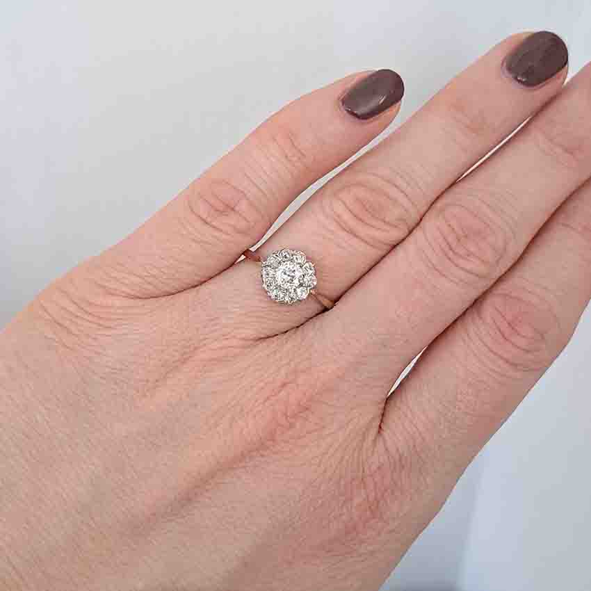 Edwardian Antique 1.1ct Old Cut Diamond Cluster Engagement Ring