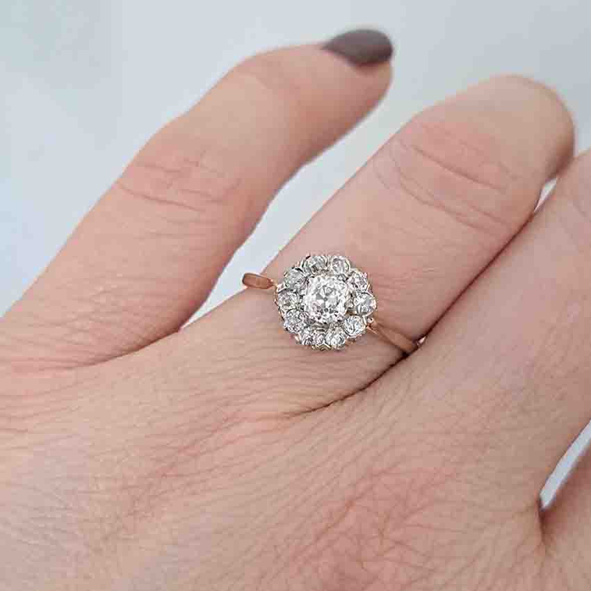 Edwardian Antique 1.1ct Old Cut Diamond Cluster Engagement Ring