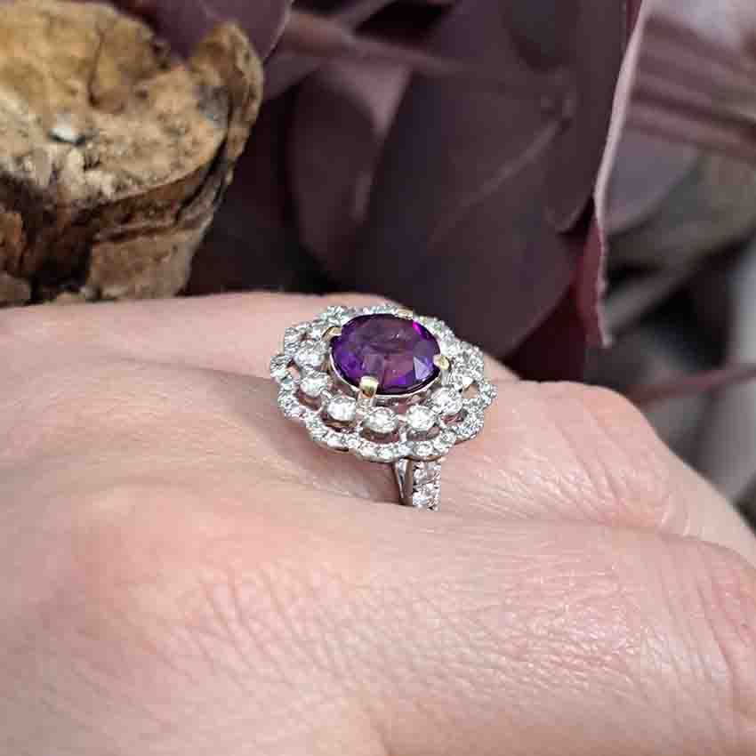 Vintage 2.25ct Amethyst and Diamond Cluster Cocktail Ring