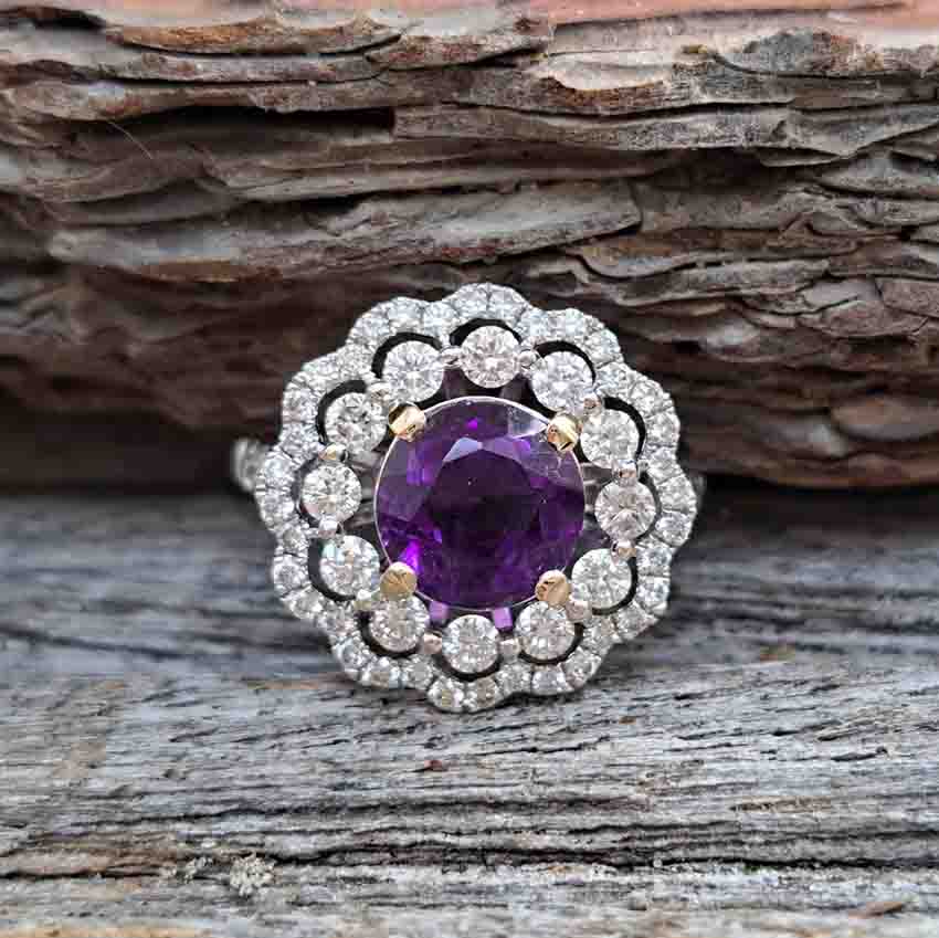 Vintage 2.25ct Amethyst and Diamond Cluster Cocktail Ring