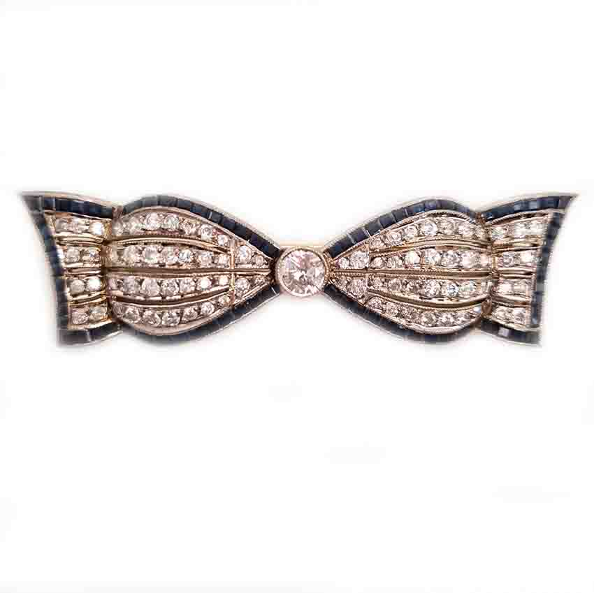 Art Deco Sapphire and Diamond Bow Brooch in 18ct Gold