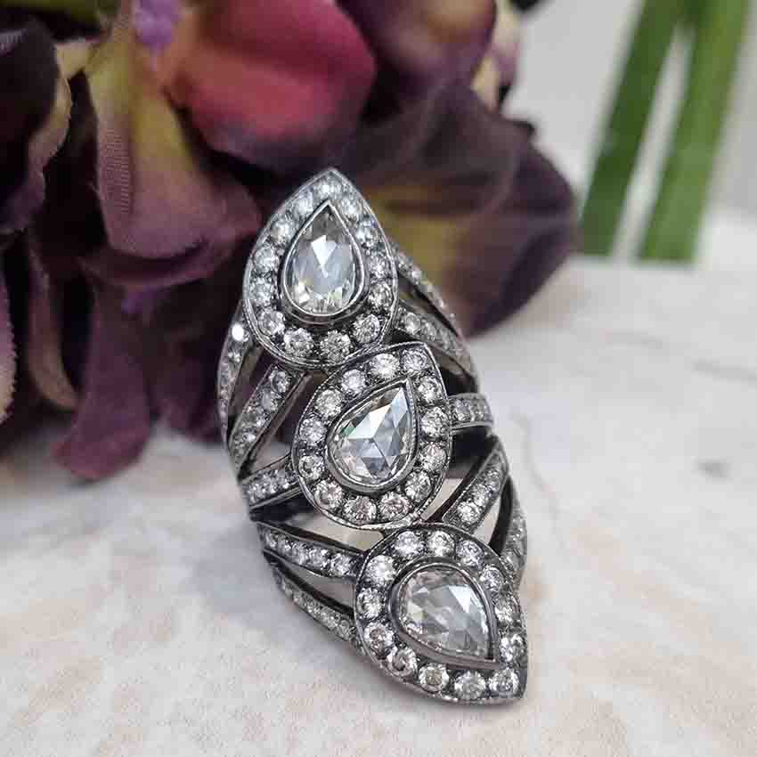 Pear Rose Cut Diamond Three Stone Dress Ring in Black Gold