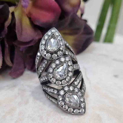 Pear Rose Cut Diamond Three Stone Dress Ring in Black Gold