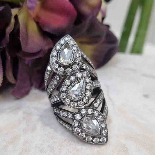 Pear Rose Cut Diamond Three Stone Dress Ring in Black Gold