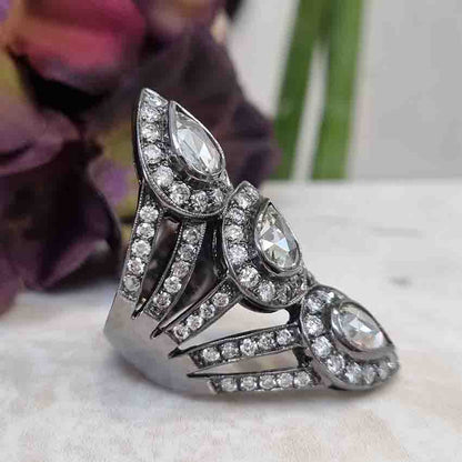 Pear Rose Cut Diamond Three Stone Dress Ring in Black Gold