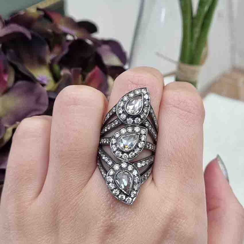 Pear Rose Cut Diamond Three Stone Dress Ring in Black Gold
