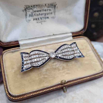 Art Deco Sapphire and Diamond Bow Brooch in 18ct Gold