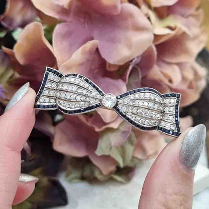 Art Deco Sapphire and Diamond Bow Brooch in 18ct Gold