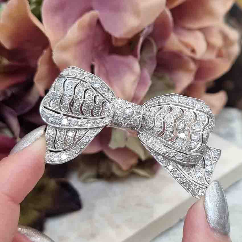 Art Deco 4ct Diamond Bow Brooch in Platinum