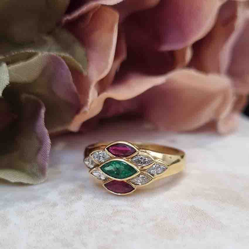 Ruby Emerald and Diamond Marquise Cluster Ring in 18ct Gold
