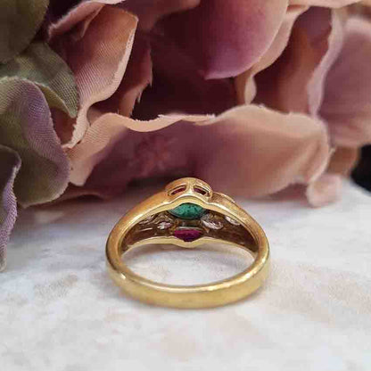 Ruby Emerald and Diamond Marquise Cluster Ring in 18ct Gold
