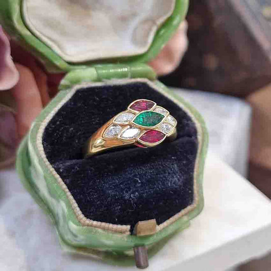 Ruby Emerald and Diamond Marquise Cluster Ring in 18ct Gold