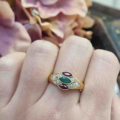 Ruby Emerald and Diamond Marquise Cluster Ring in 18ct Gold