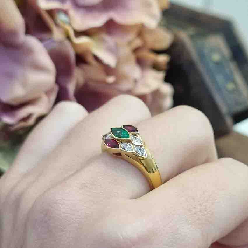 Ruby Emerald and Diamond Marquise Cluster Ring in 18ct Gold