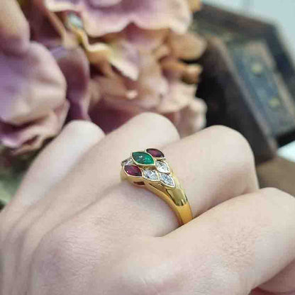 Ruby Emerald and Diamond Marquise Cluster Ring in 18ct Gold