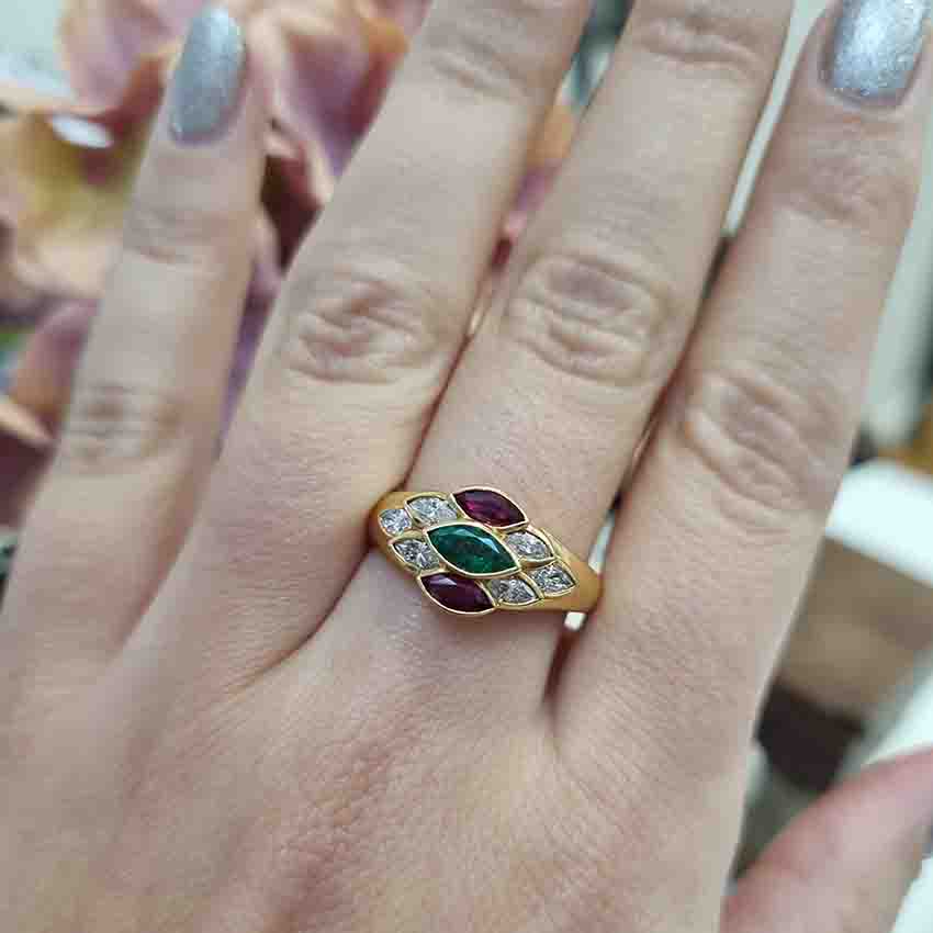 Ruby Emerald and Diamond Marquise Cluster Ring in 18ct Gold