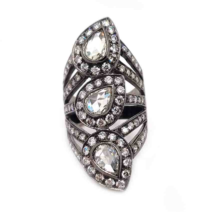 Pear Rose Cut Diamond Three Stone Dress Ring in Black Gold