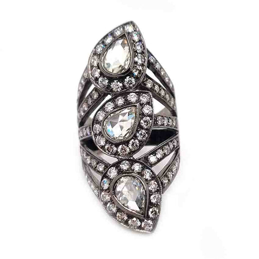 Pear Rose Cut Diamond Three Stone Dress Ring in Black Gold