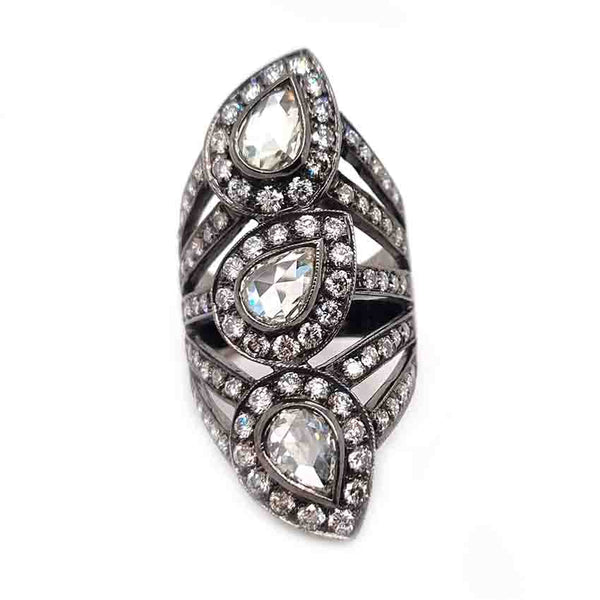 Pear Rose Cut Diamond Three Stone Dress Ring in Black Gold