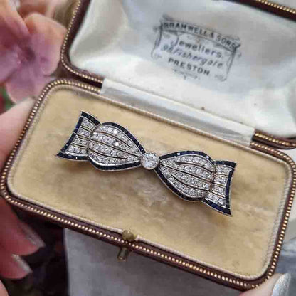 Art Deco Sapphire and Diamond Bow Brooch in 18ct Gold