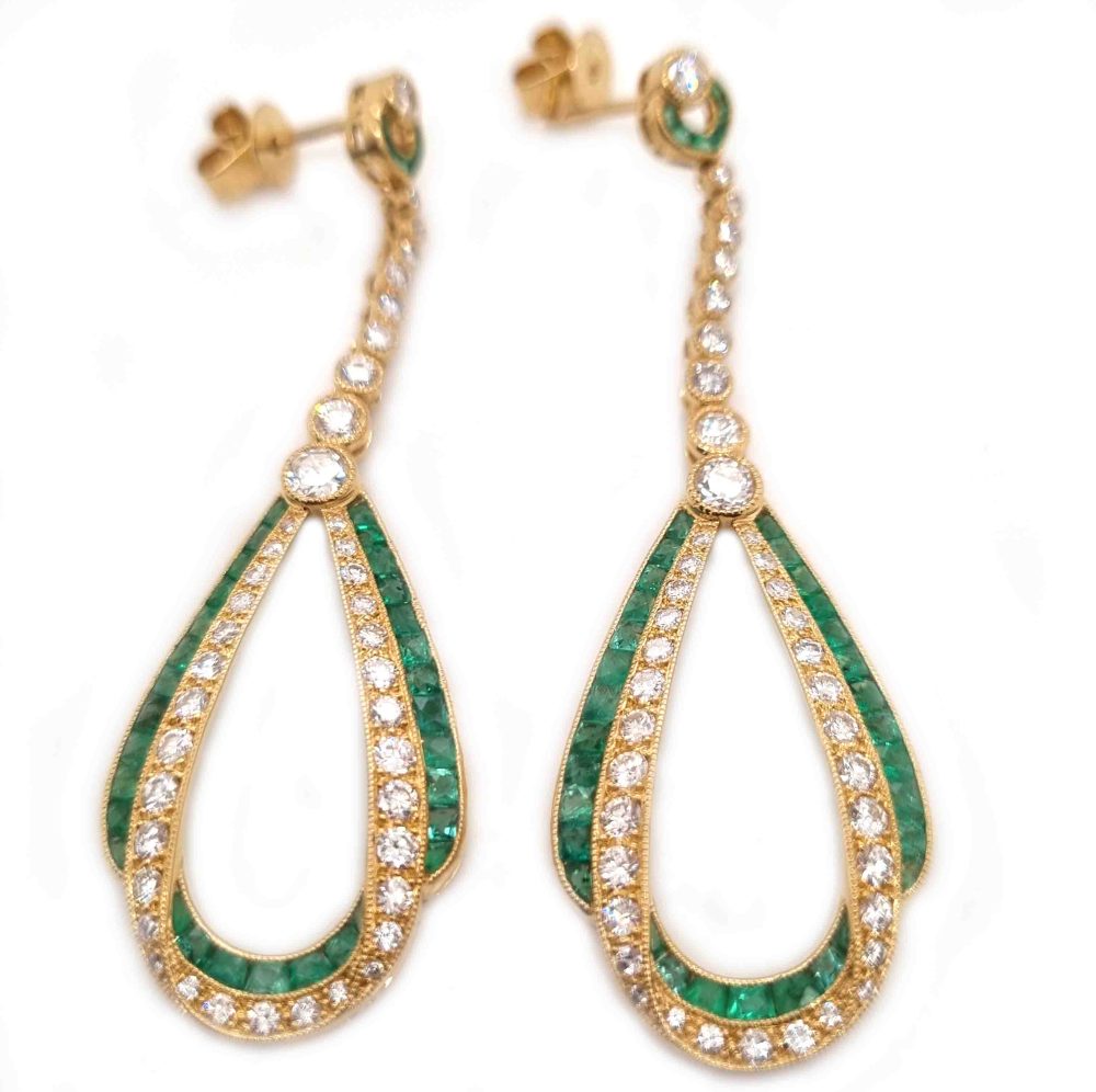 Pair of Contemporary Emerald and Diamond Drop Earrings