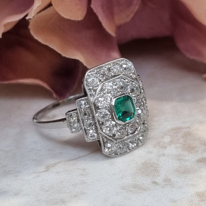 Art Deco Emerald and Diamond Cluster Panel Ring