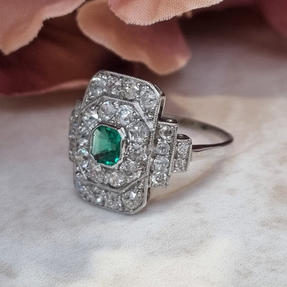 Art Deco Emerald and Diamond Cluster Panel Ring