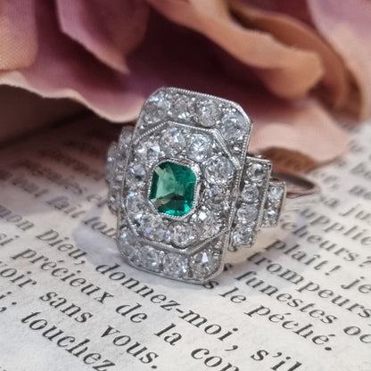 Art Deco Emerald and Diamond Cluster Panel Ring