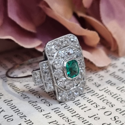 Art Deco Emerald and Diamond Cluster Panel Ring