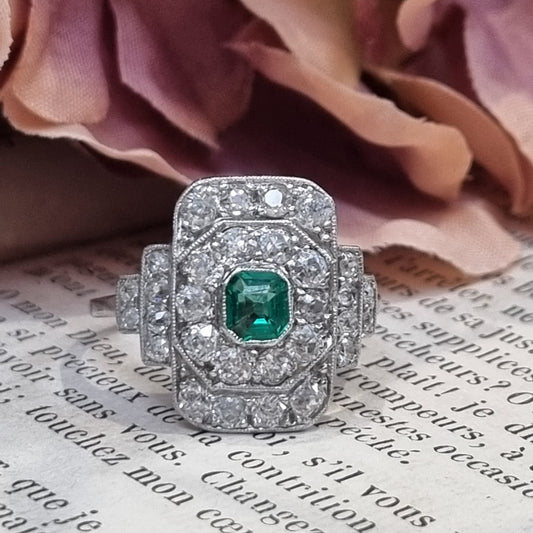 Art Deco Emerald and Diamond Cluster Panel Ring