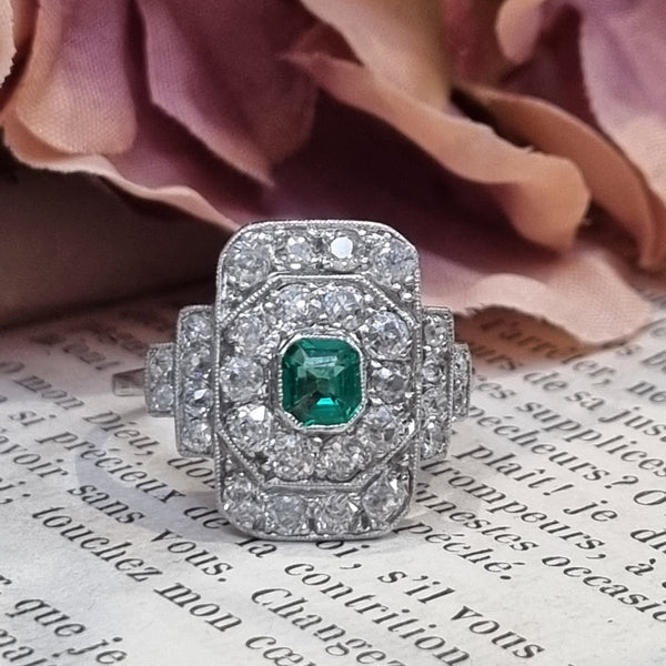 Art Deco Emerald and Diamond Cluster Panel Ring