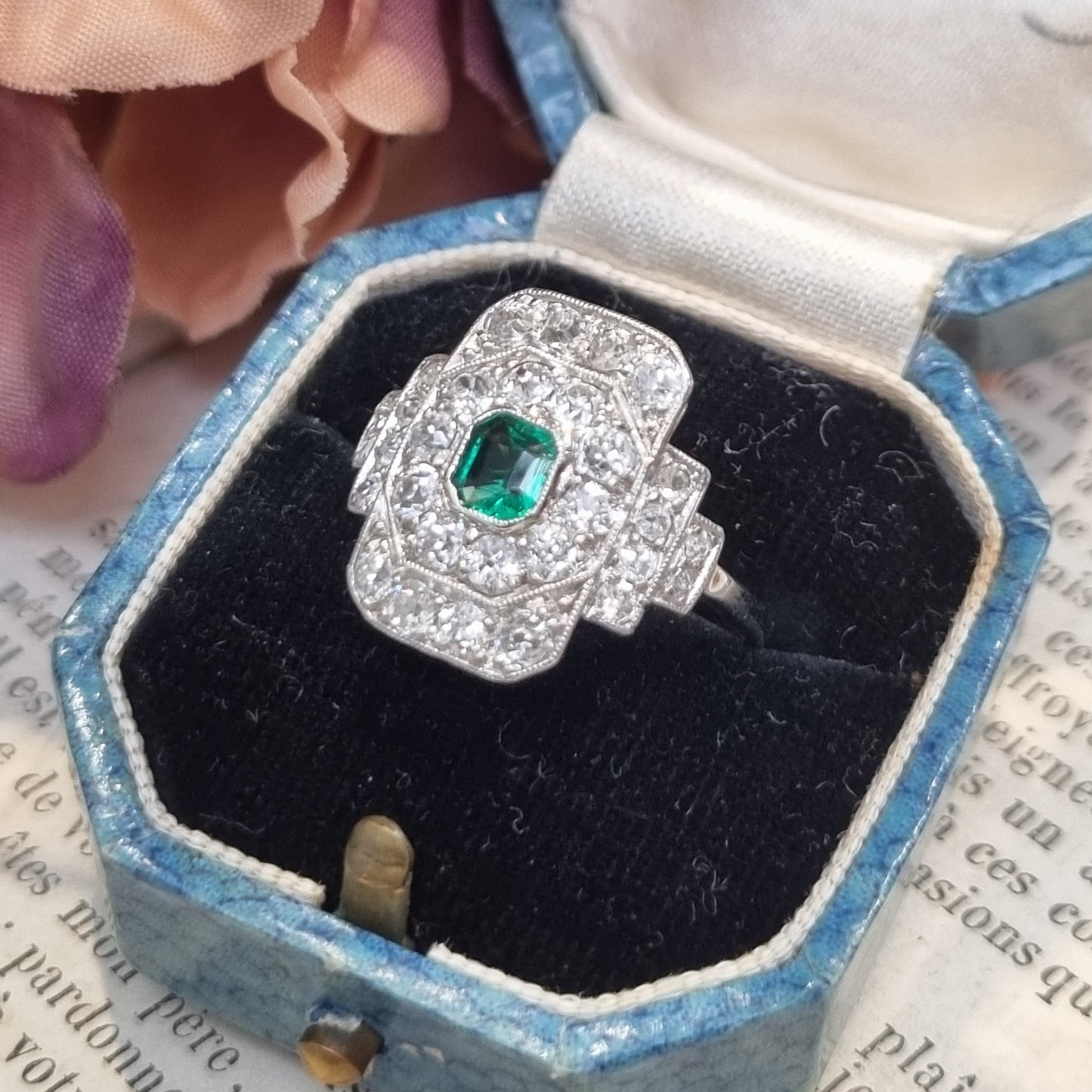 Art Deco Emerald and Diamond Cluster Panel Ring