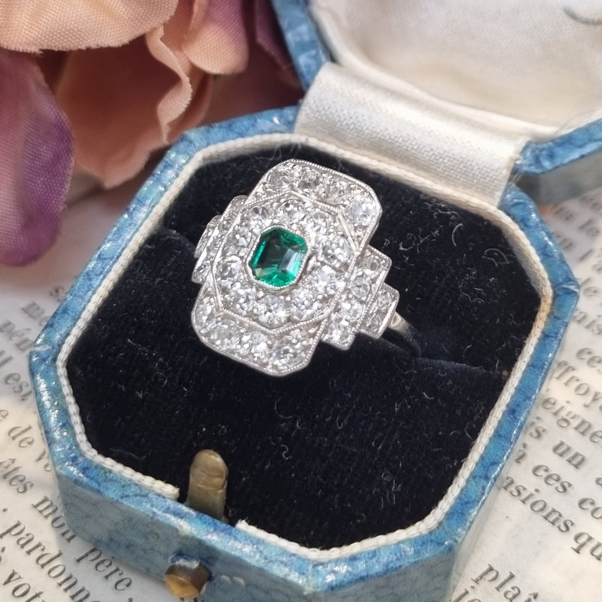 Art Deco Emerald and Diamond Cluster Panel Ring