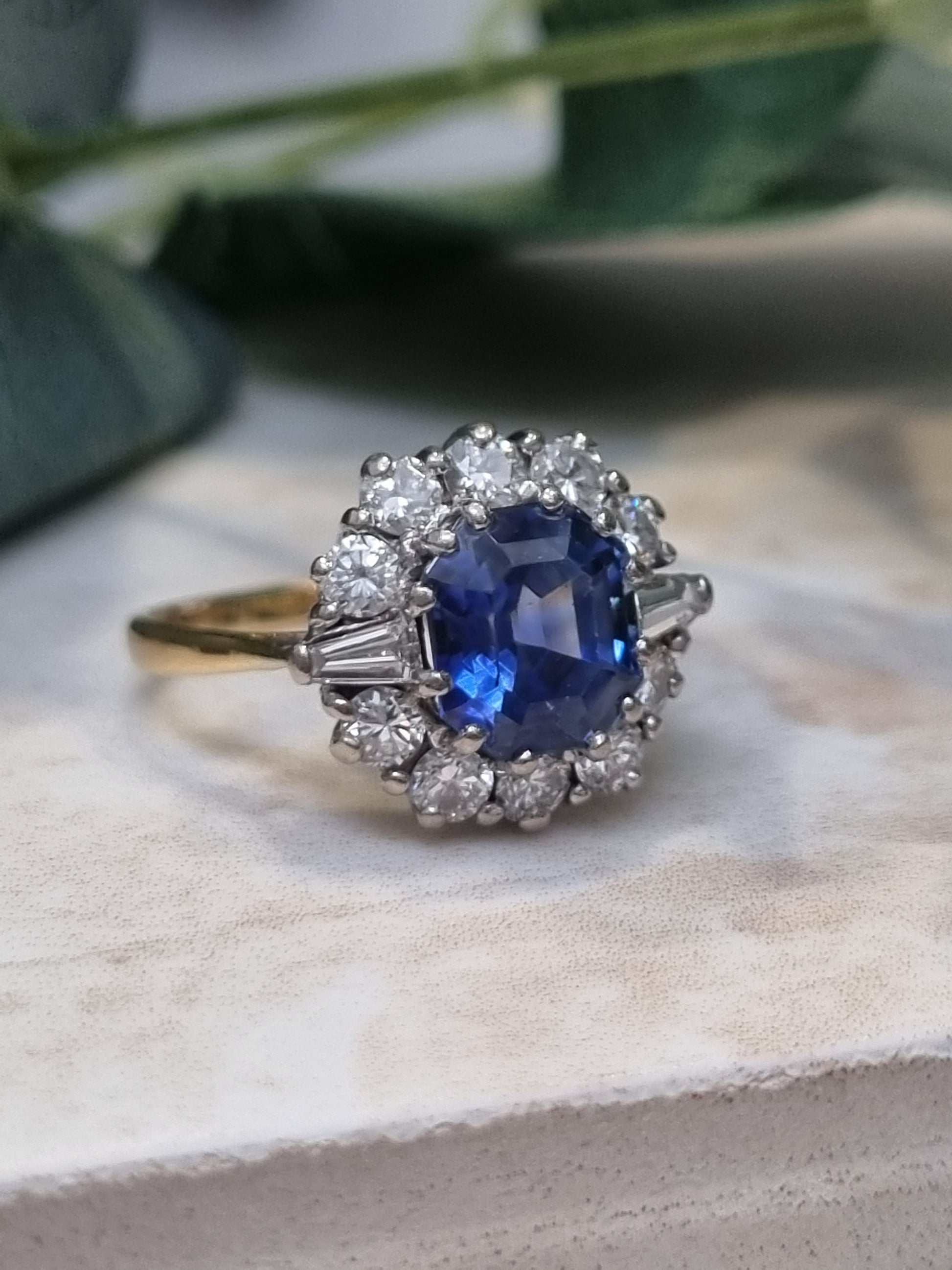 Vintage No Heat Ceylon Sapphire and Diamond Cluster Enagegement Ring