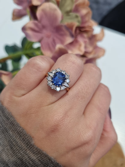 Vintage No Heat Ceylon Sapphire and Diamond Cluster Enagegement Ring