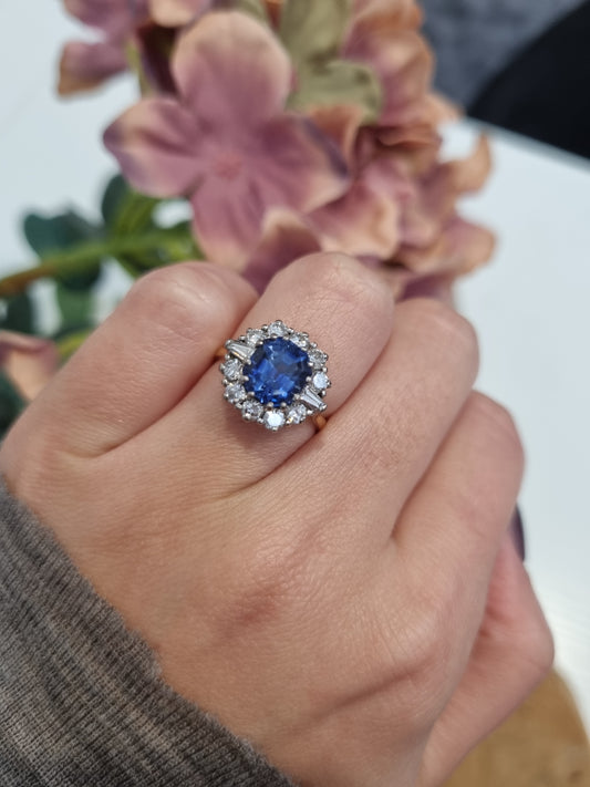 Vintage No Heat Ceylon Sapphire and Diamond Cluster Engagement Ring