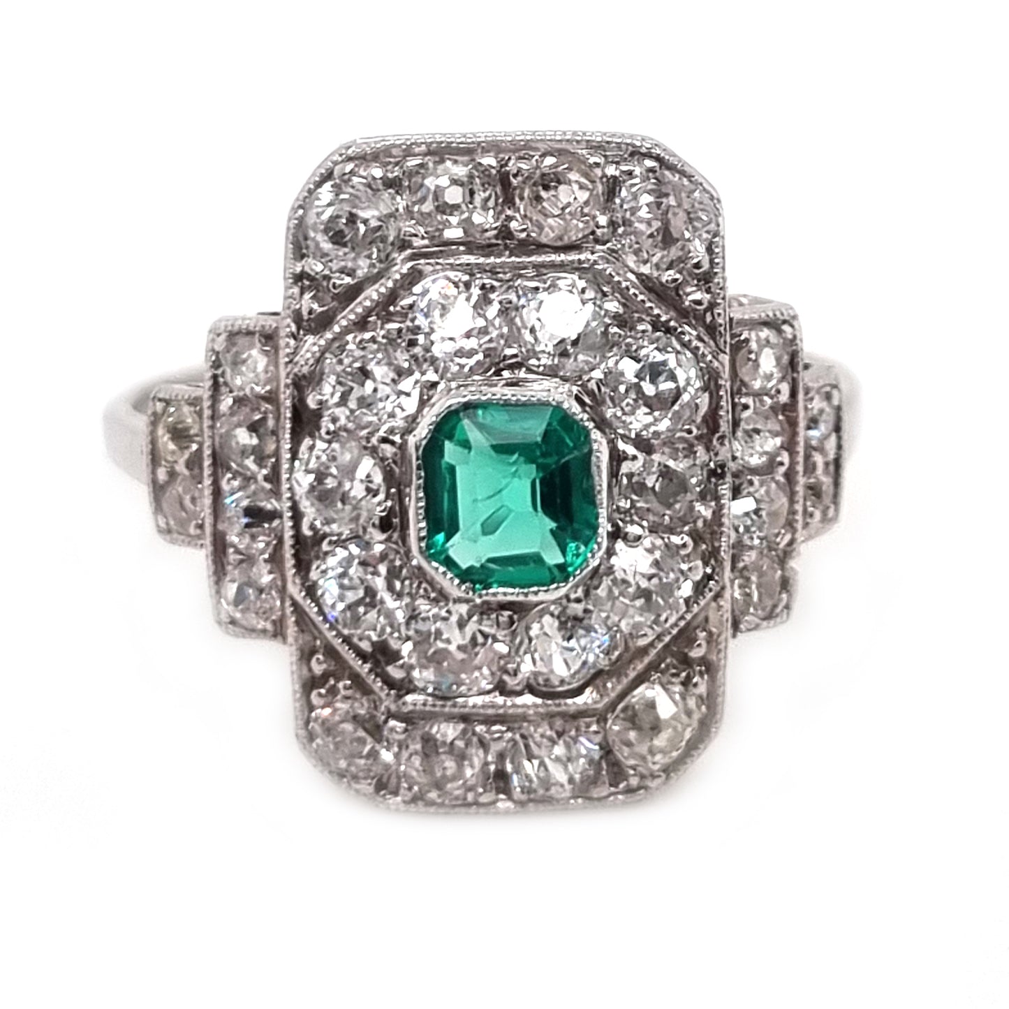 Art Deco Emerald and Diamond Cluster Panel Ring
