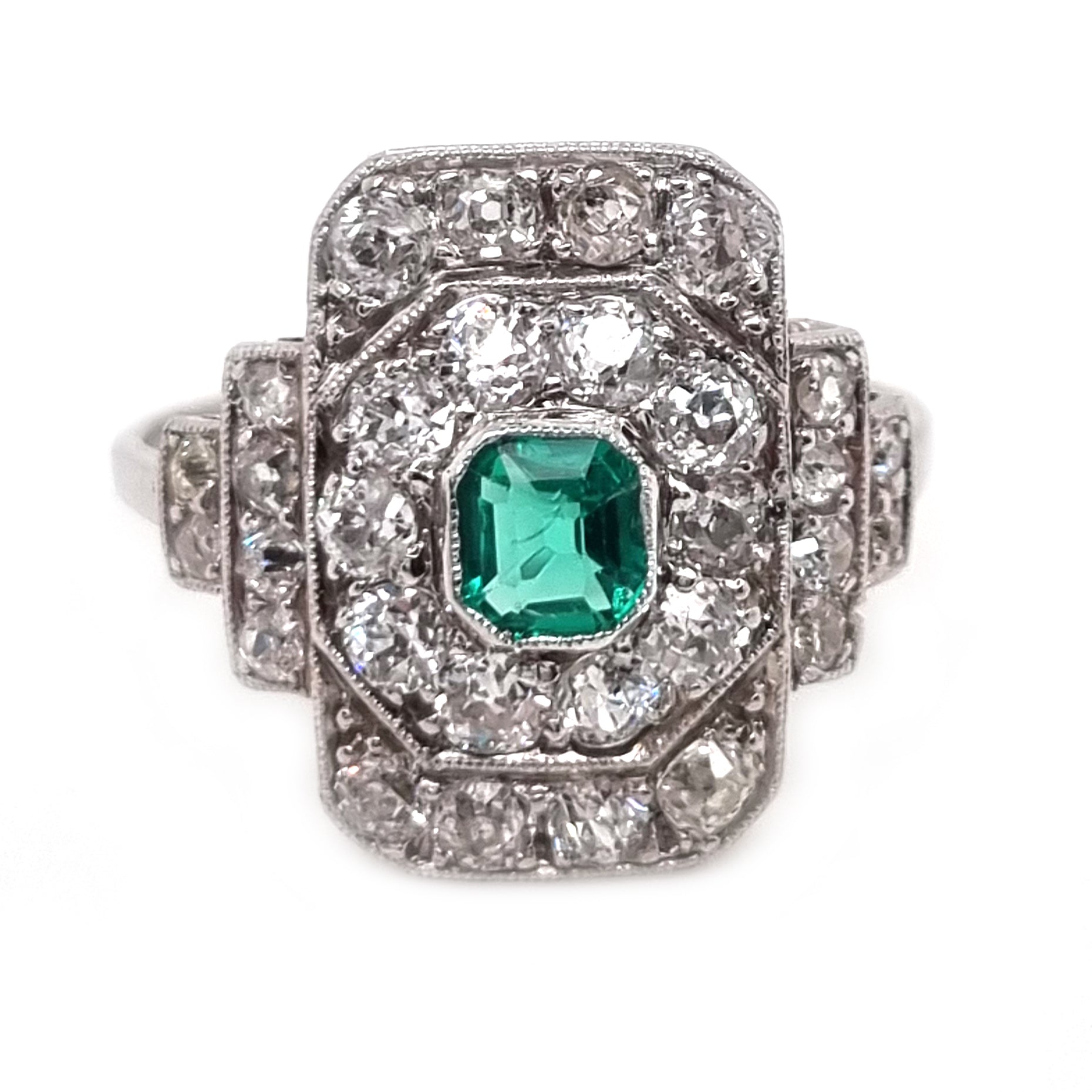 Art Deco Emerald and Diamond Cluster Panel Ring