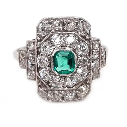 Art Deco Emerald and Diamond Cluster Panel Ring