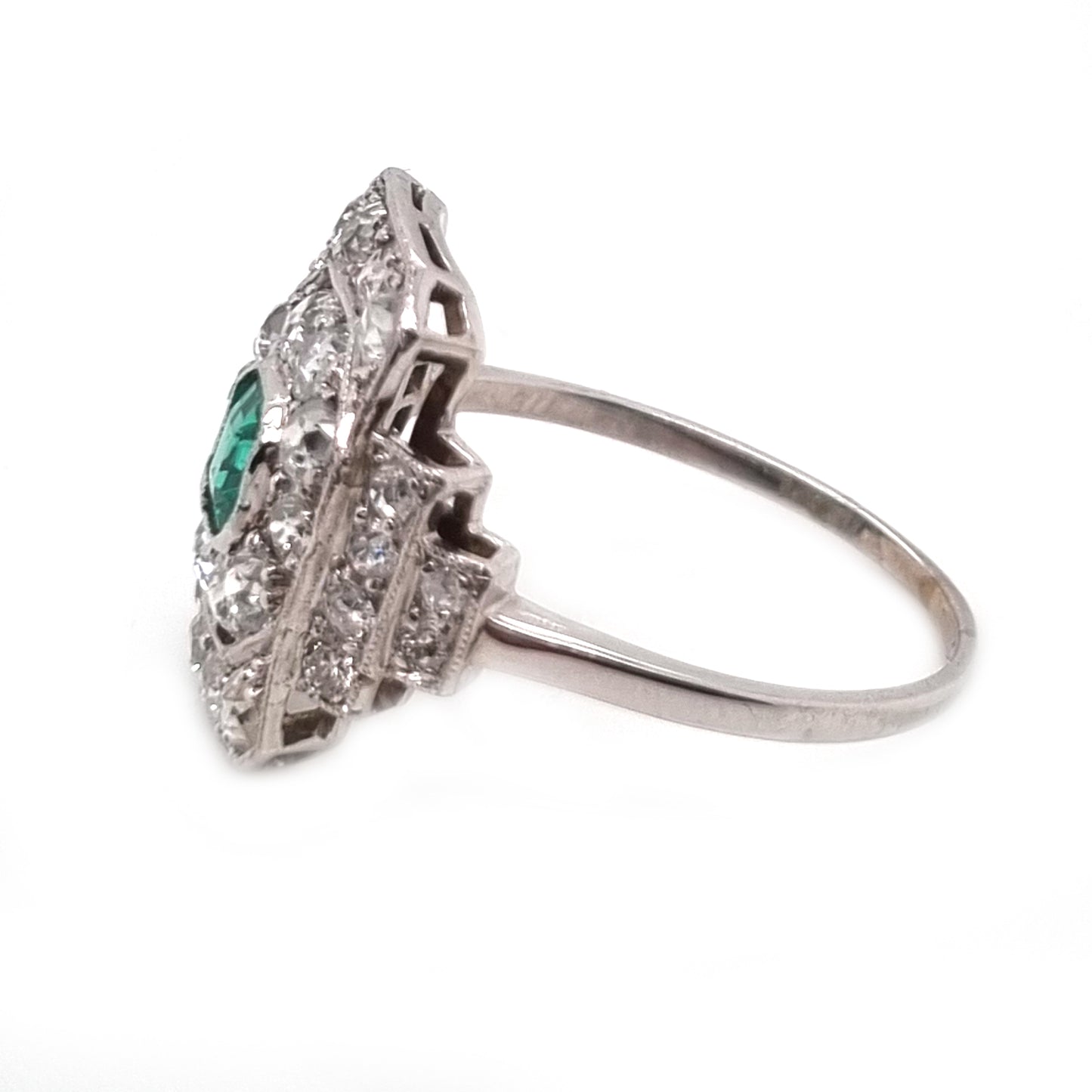 Art Deco Emerald and Diamond Cluster Panel Ring