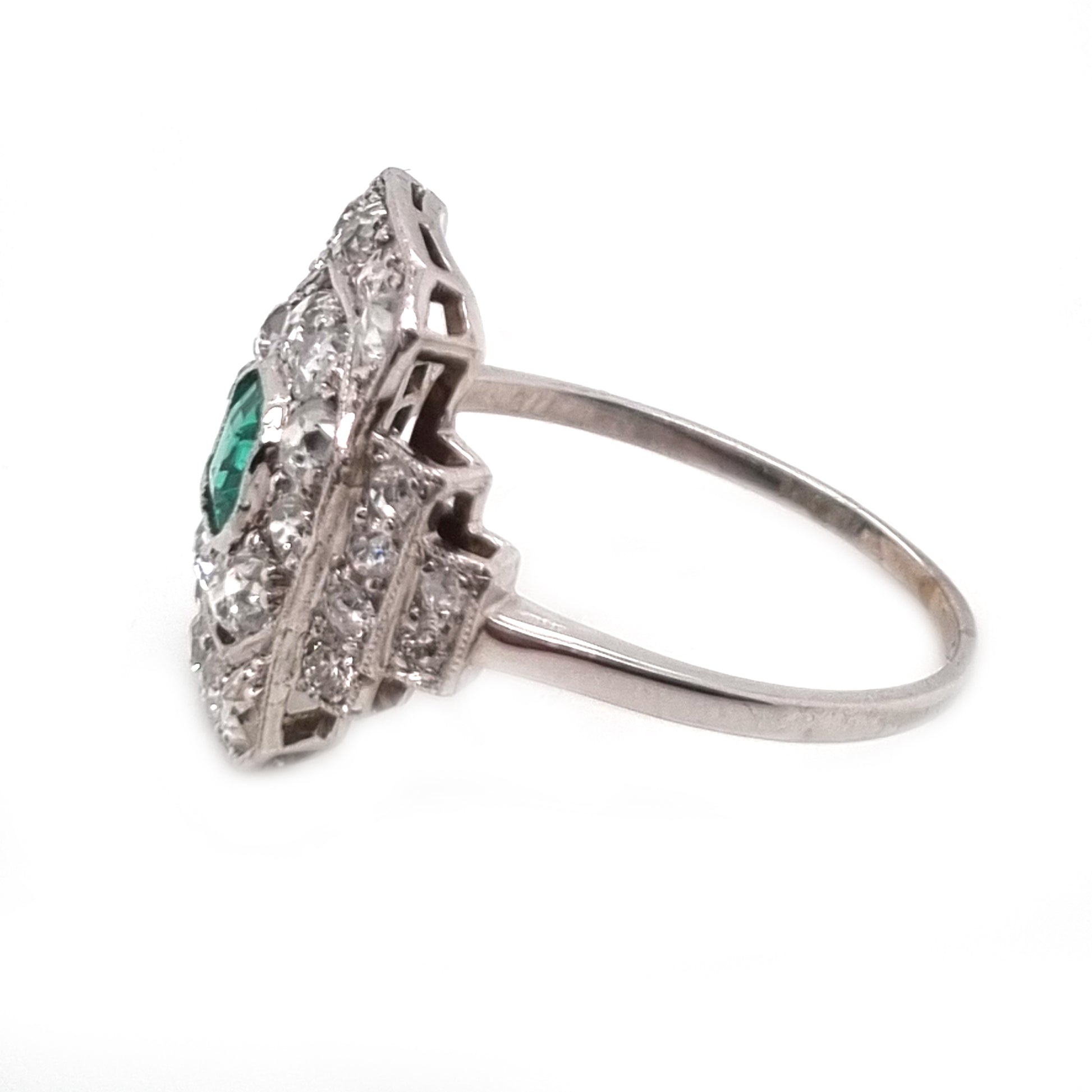 Art Deco Emerald and Diamond Cluster Panel Ring