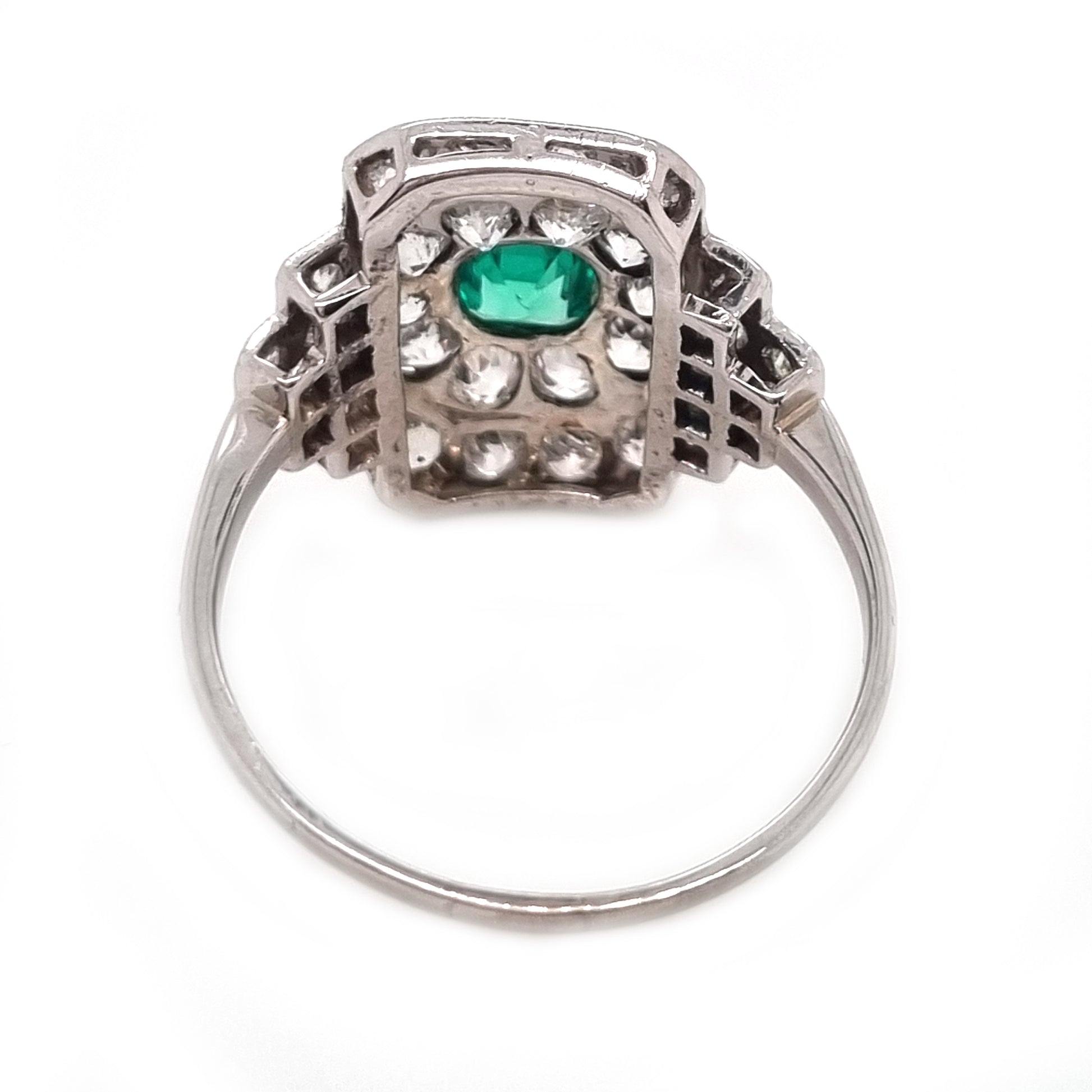Art Deco Emerald and Diamond Cluster Panel Ring