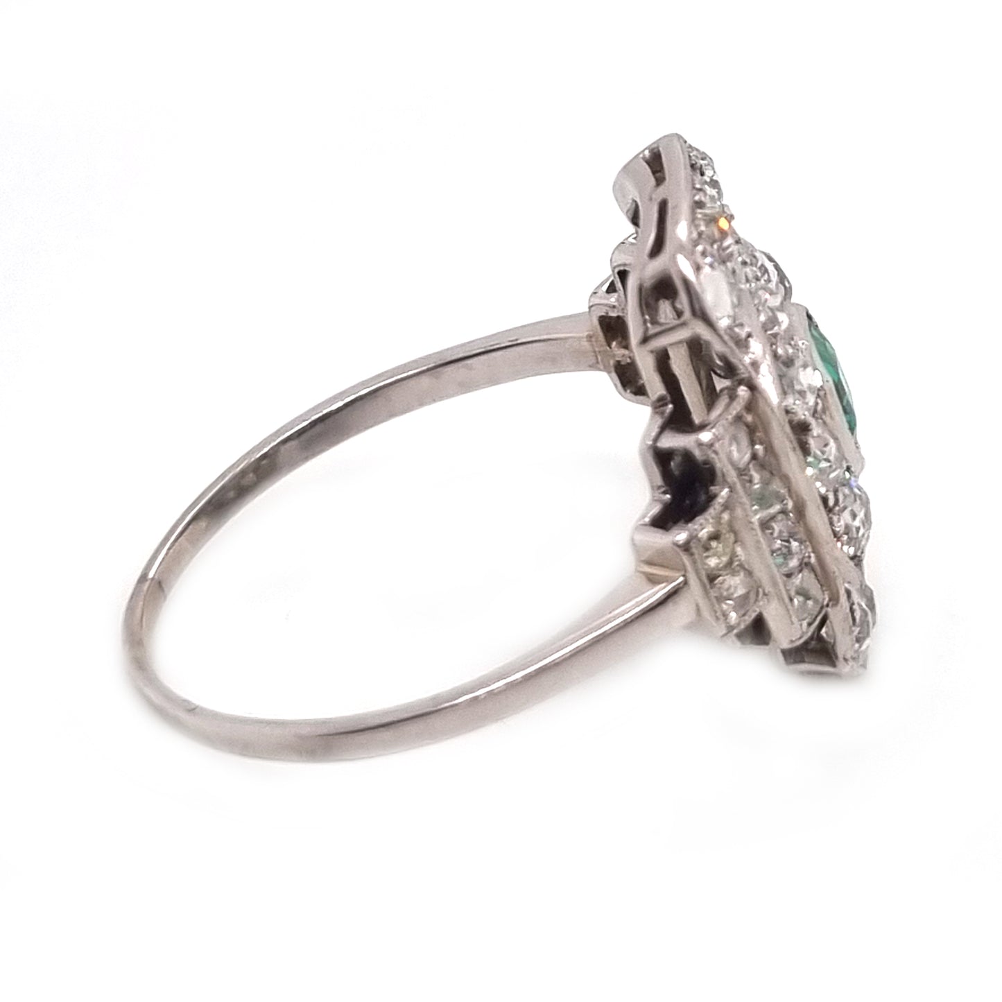 Art Deco Emerald and Diamond Cluster Panel Ring