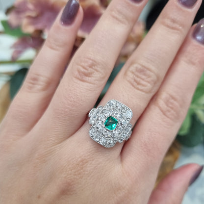 Art Deco Emerald and Diamond Cluster Panel Ring