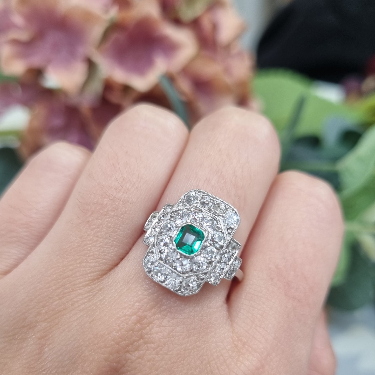 Art Deco Emerald and Diamond Cluster Panel Ring