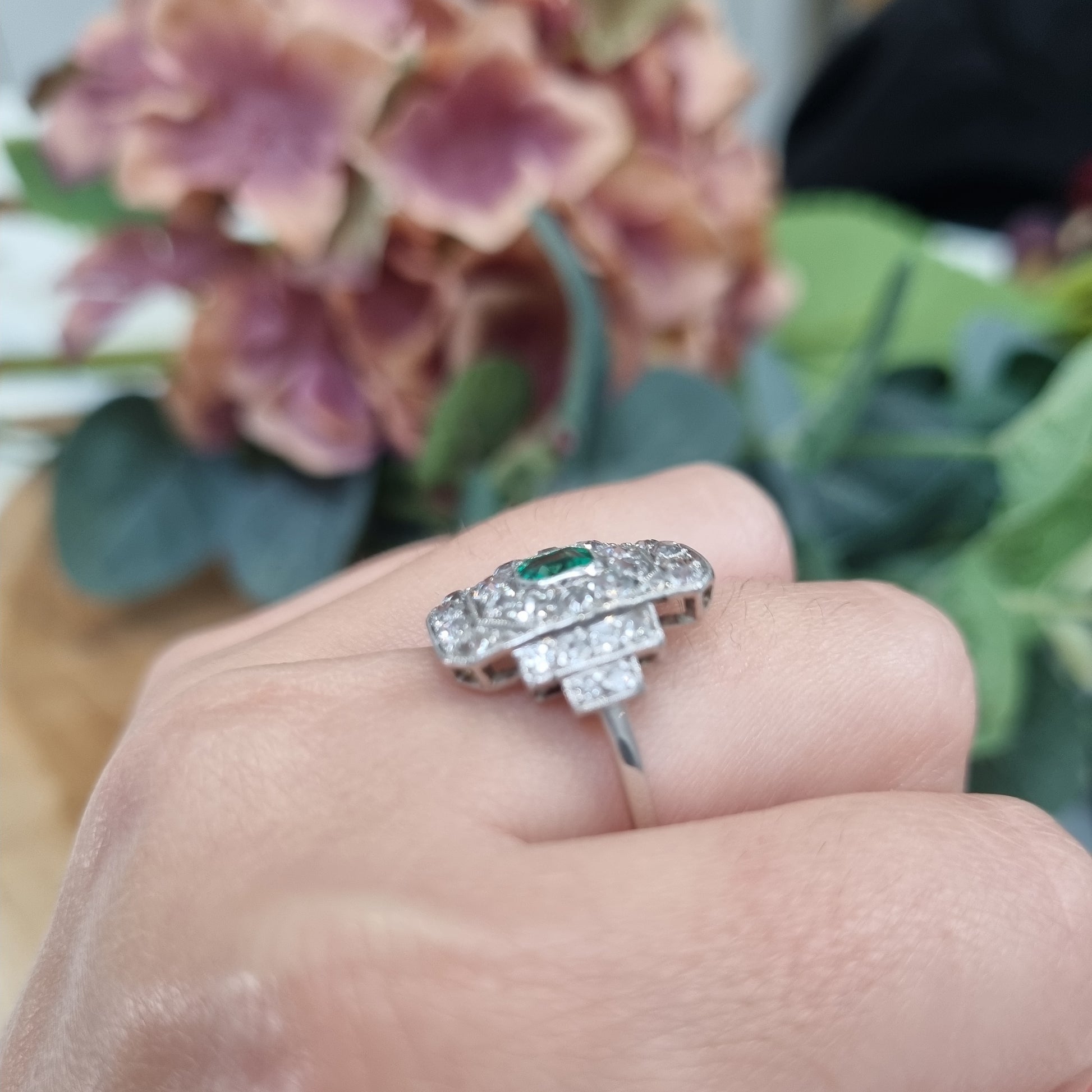 Art Deco Emerald and Diamond Cluster Panel Ring