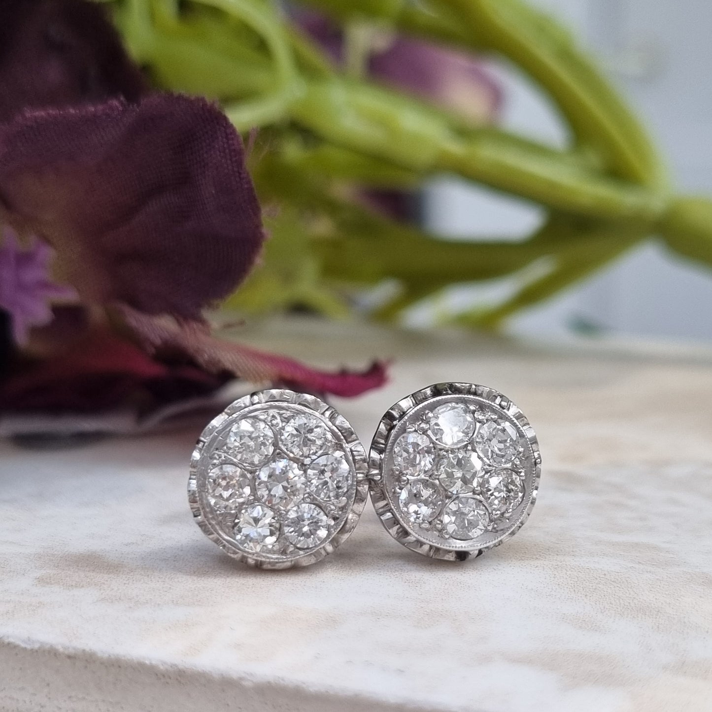 Vintage Diamond Cluster Stud Earrings, 1.50 carats